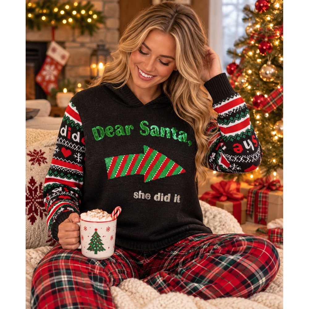 No Boundaries Ugly Christmas Sweater Hoodie Junior Large Black Santa  She Did It